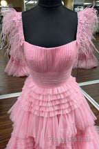 Cold Shoulder Pink Feathers A-Line Tiered Formal Prom Dress