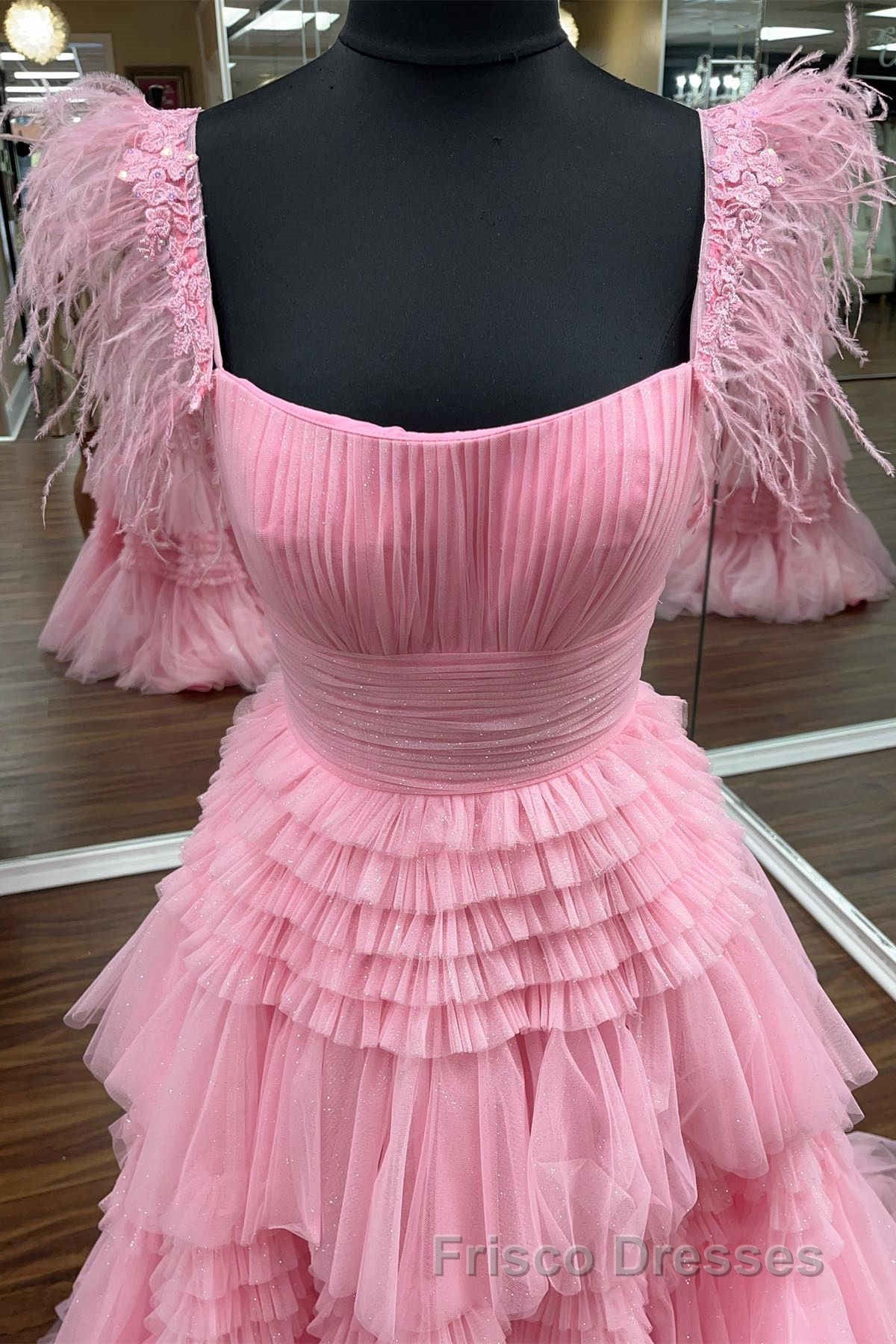 Cold Shoulder Pink Feathers A-Line Tiered Formal Prom Dress