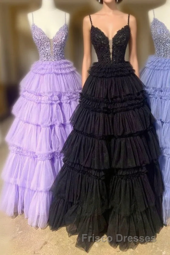 Plunging V-Neck Straps Appliques Layered Formal Prom Dress
