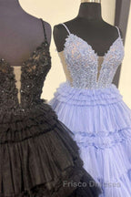 Plunging V-Neck Straps Appliques Layered Formal Prom Dress