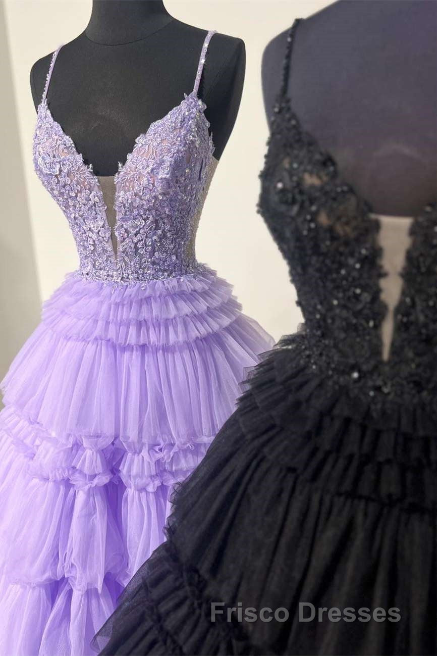 Plunging V-Neck Straps Appliques Layered Formal Prom Dress