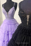 Plunging V-Neck Straps Appliques Layered Formal Prom Dress