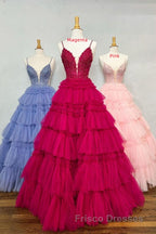 Plunging V-Neck Straps Appliques Layered Formal Prom Dress