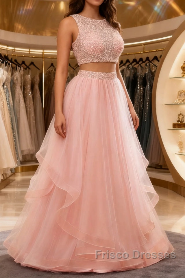 Fairy Blush Pink Two Piece Long Formal Prom Dress