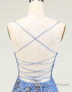 Glitter Blue Spaghetti Straps Beaded Sequins Short Tight Homecoming Dress