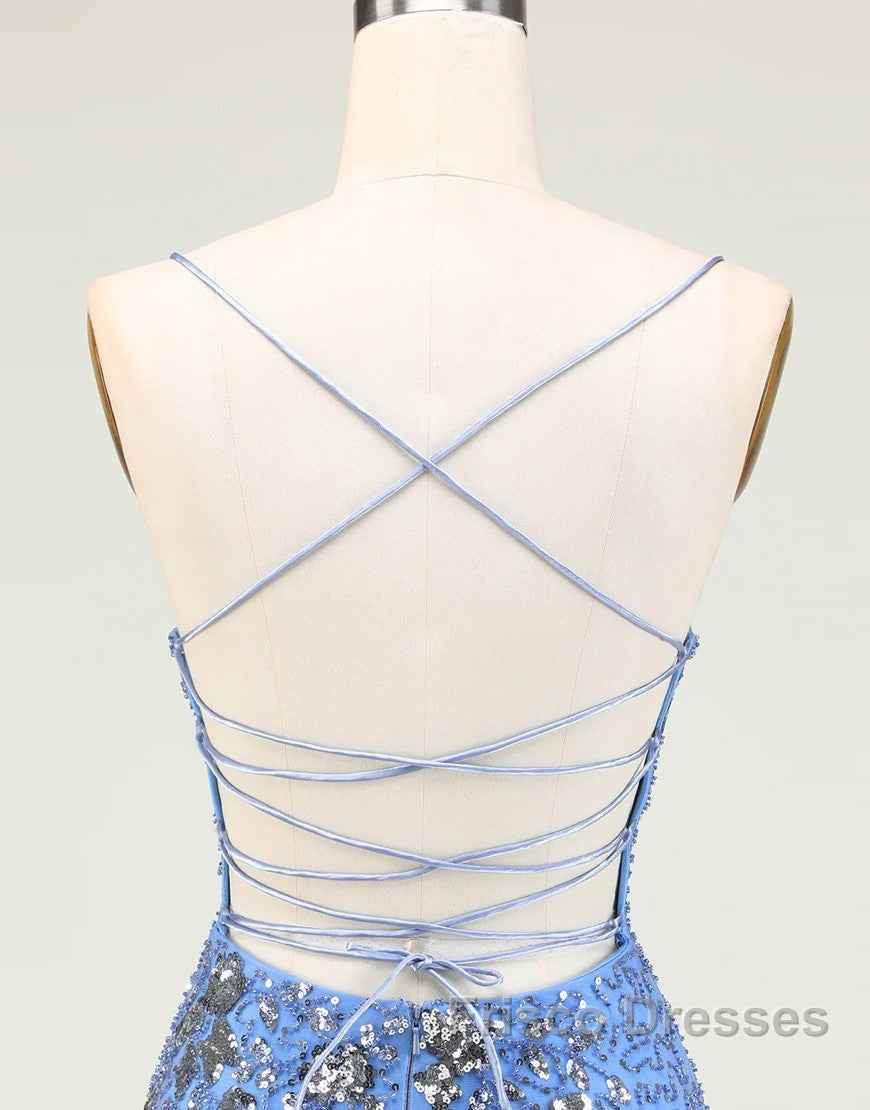 Glitter Blue Spaghetti Straps Beaded Sequins Short Tight Homecoming Dress