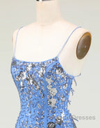 Glitter Blue Spaghetti Straps Beaded Sequins Short Tight Homecoming Dress