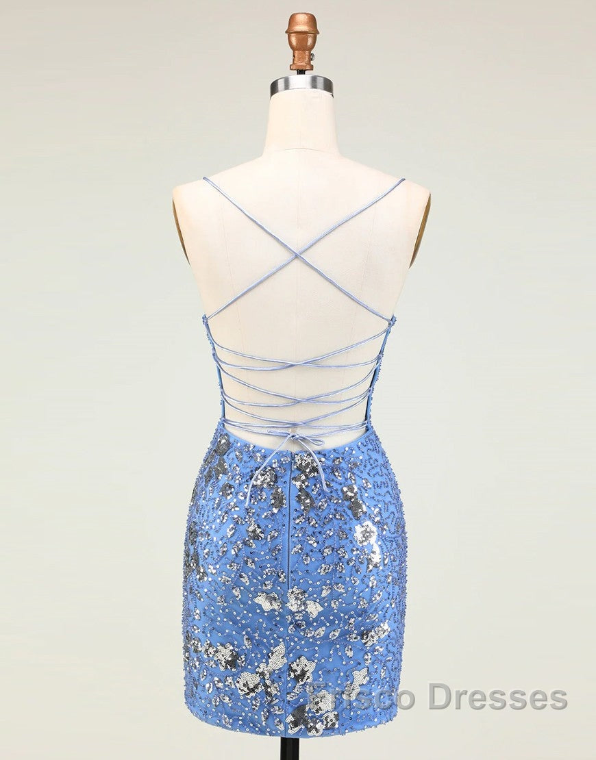 Glitter Blue Spaghetti Straps Beaded Sequins Short Tight Homecoming Dress
