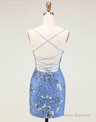Glitter Blue Spaghetti Straps Beaded Sequins Short Tight Homecoming Dress