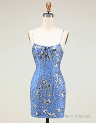 Glitter Blue Spaghetti Straps Beaded Sequins Short Tight Homecoming Dress
