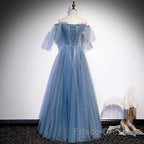 Glitter Fairytale Tulle Dusty Blue Formal Prom Dress