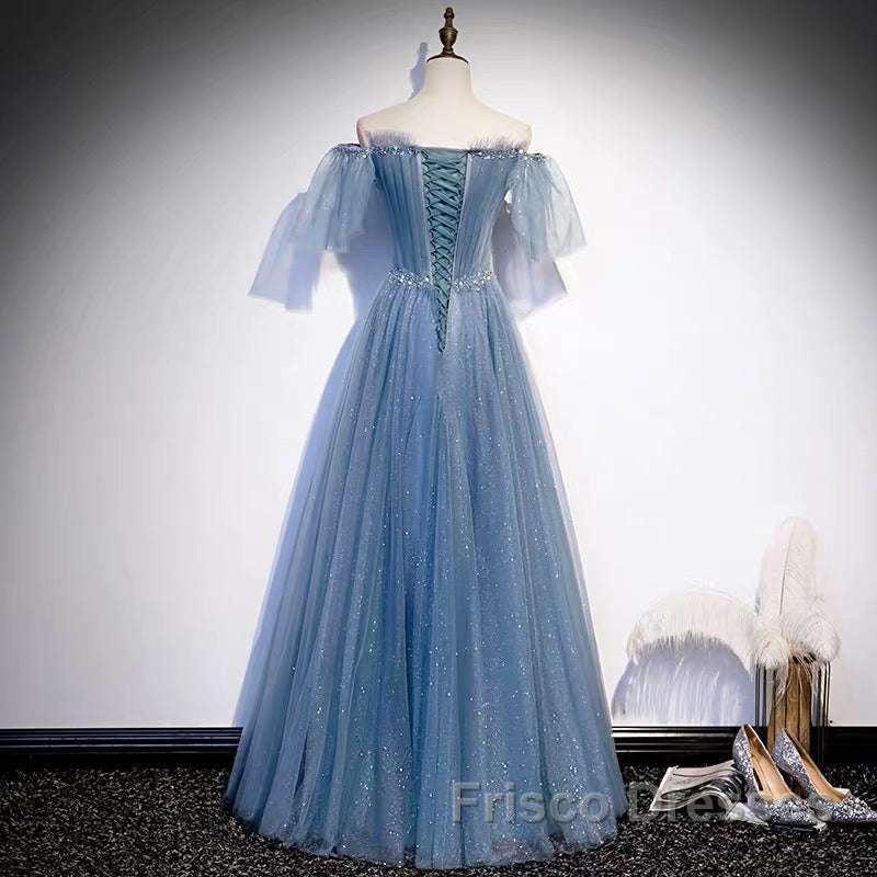 Glitter Fairytale Tulle Dusty Blue Formal Prom Dress