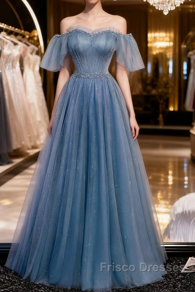 Glitter Fairytale Tulle Dusty Blue Formal Prom Dress