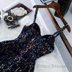 Glitter Navy Blue Sequin Short Formal Prom Dress