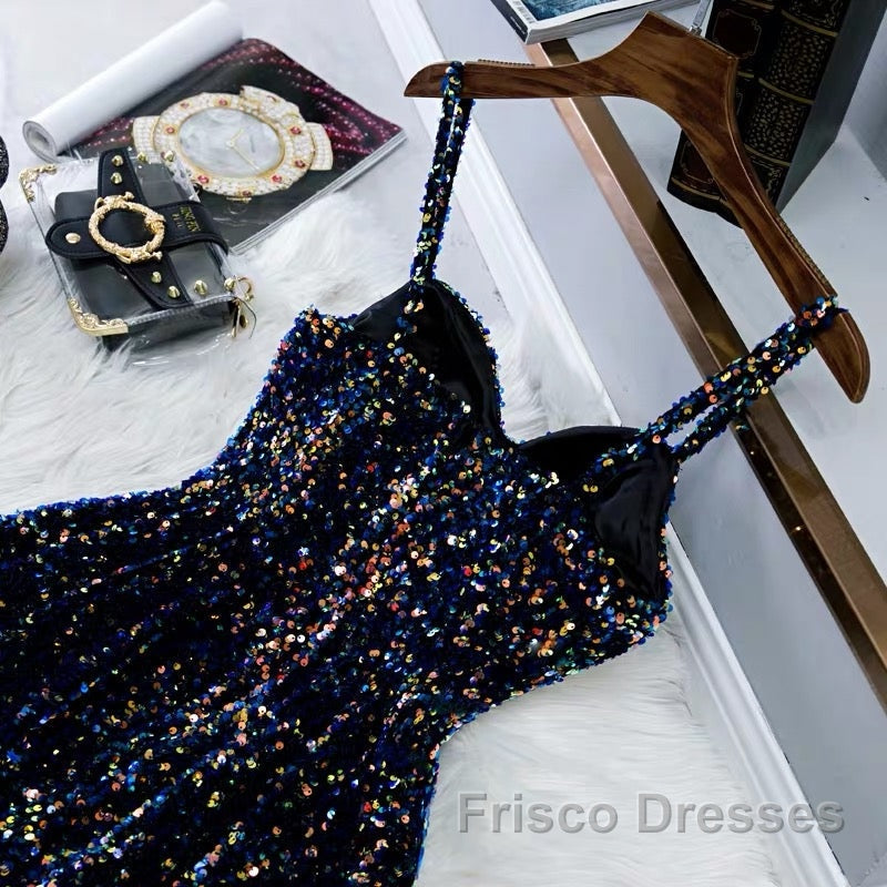 Glitter Navy Blue Sequin Short Formal Prom Dress
