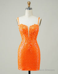 Glitter Orange Spaghetti Straps Orange Tight Sequined Homecoming Dress