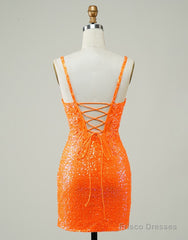 Glitter Orange Spaghetti Straps Orange Tight Sequined Homecoming Dress