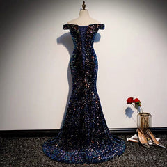 Glitter navy Sequins Off Shoulders Tight Fit Formal Prom Dress