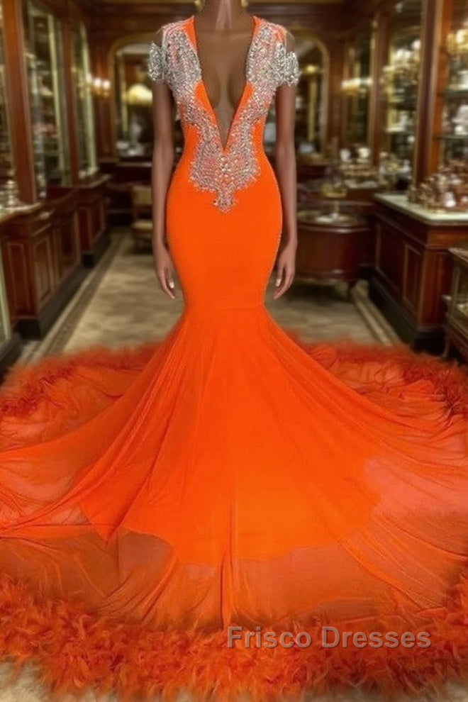 Gorgeous Orange Long Mermaid Tassel V-neck Formal Prom Dress with Sleeves Main image