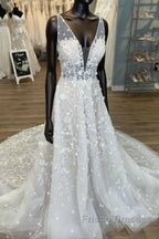 Gorgeous A-Line V-Neck Open Back Chapel Train Wedding Dress