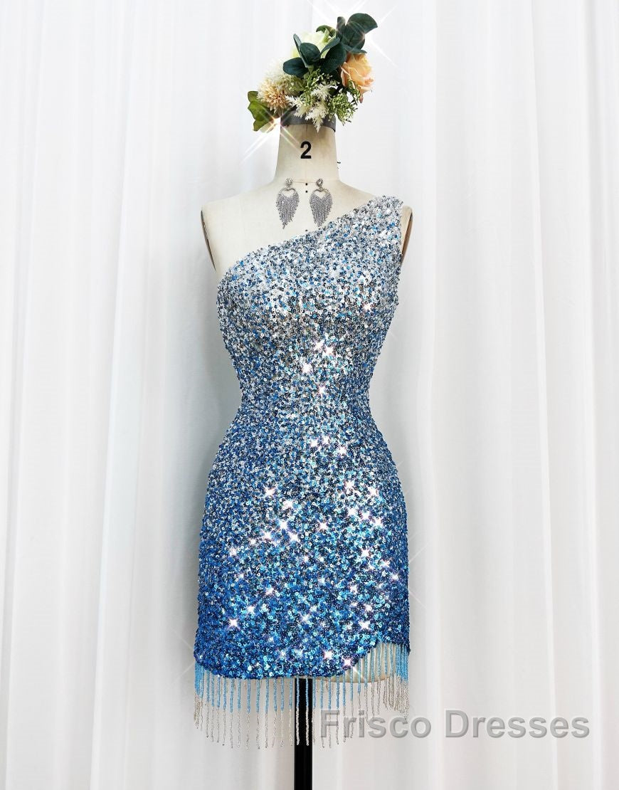 Gorgeous Sparkly Sequin One Shoulder Tight Homecoming Dress With Fringe