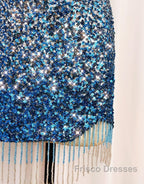 Gorgeous Sparkly Sequin One Shoulder Tight Homecoming Dress With Fringe