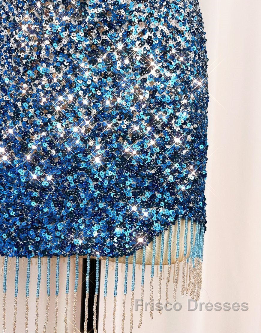 Gorgeous Sparkly Sequin One Shoulder Tight Homecoming Dress With Fringe