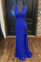 Gorgeous Detachable Train Mermaid Royal Blue Sequins Prom Dress