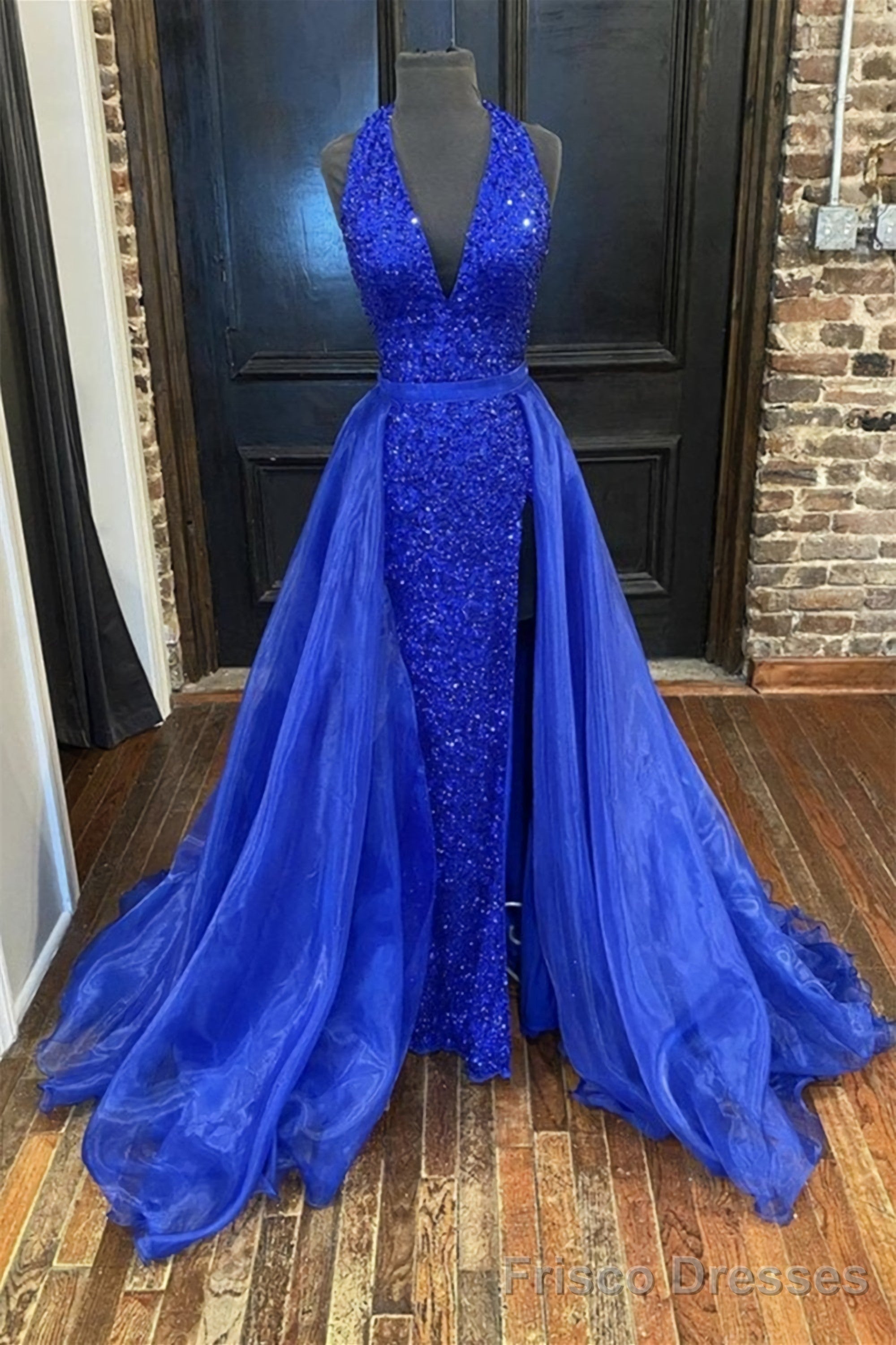 Gorgeous Detachable Train Mermaid Royal Blue Sequins Prom Dress Main image