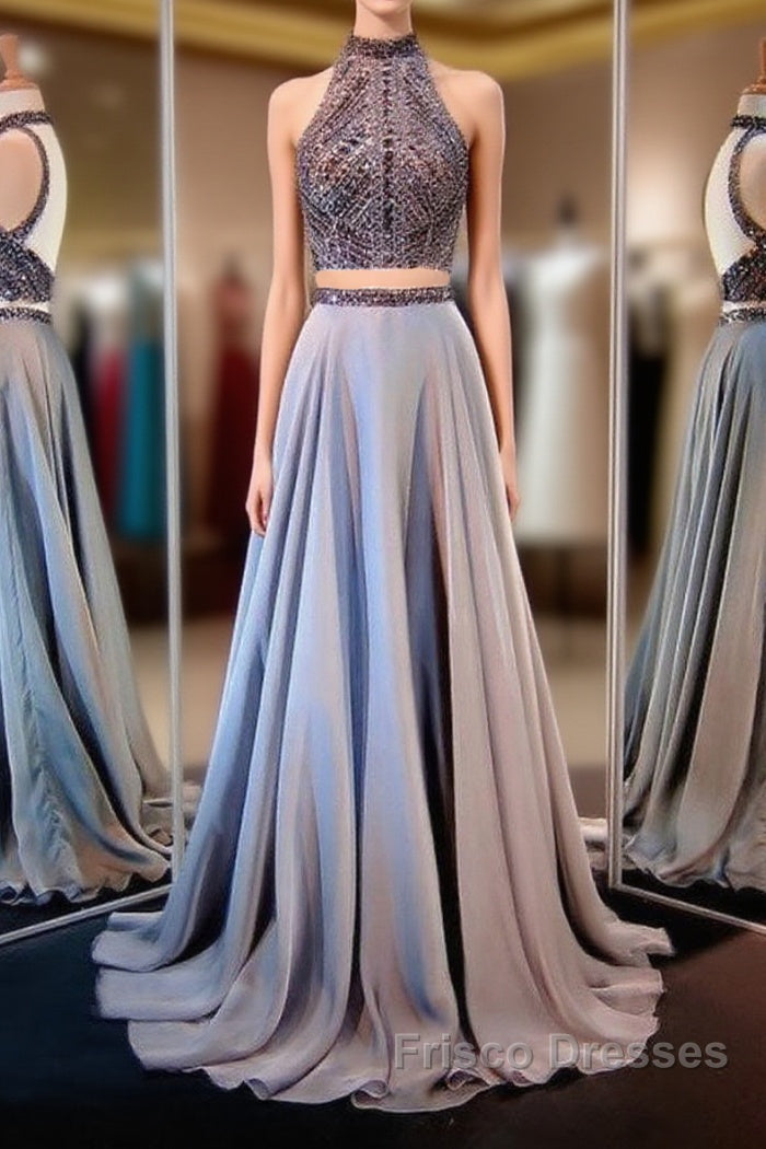 Gray Two Piece Long Formal Prom Dress with Sparkly Beading Main image