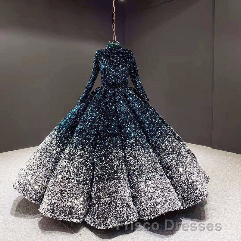 Glitter High Neck Open Back Lace Up Ball Gown Formal Prom Dress