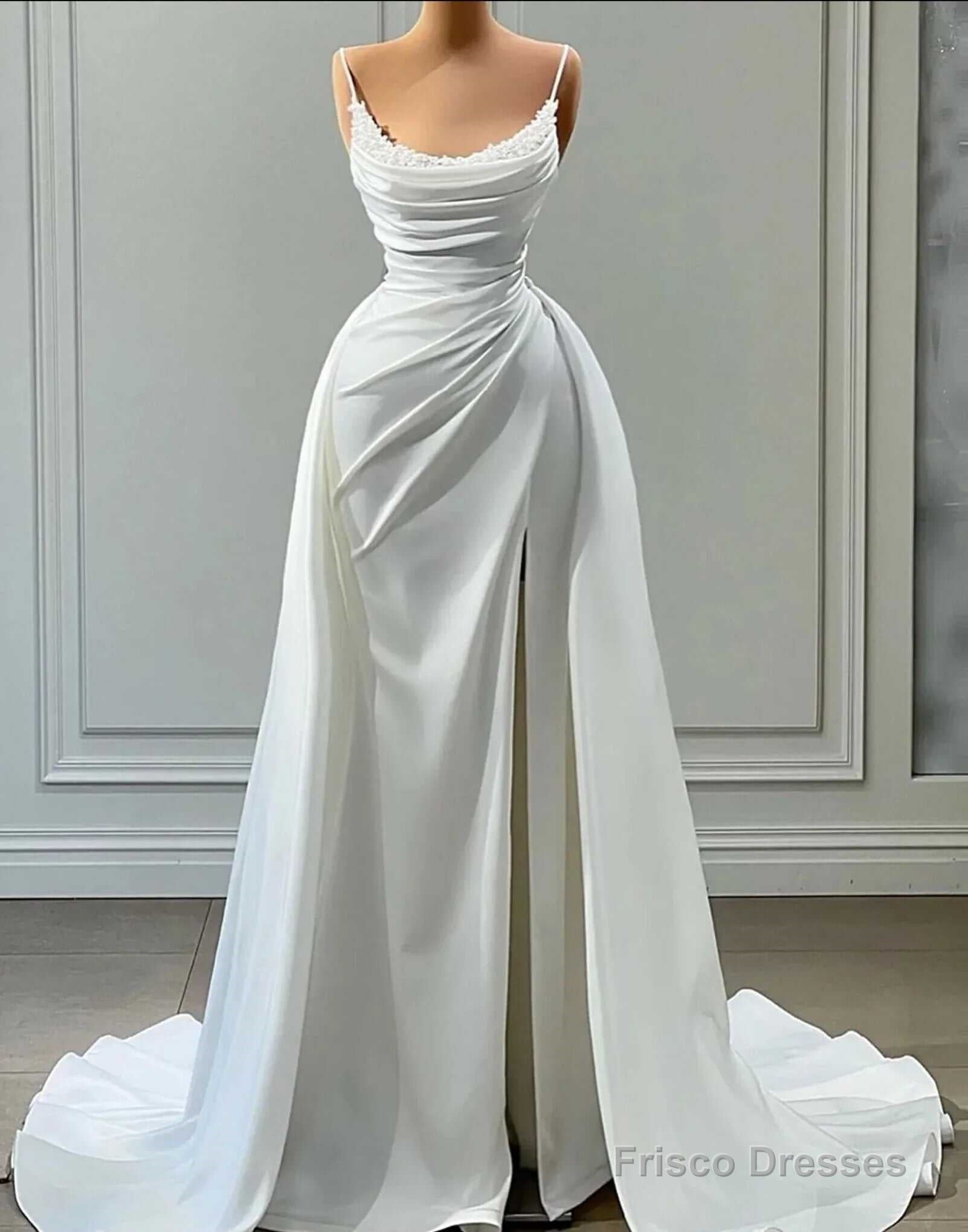 Beautiful White Long A-line Spaghetti Straps Wedding Dresses With Beads Main image