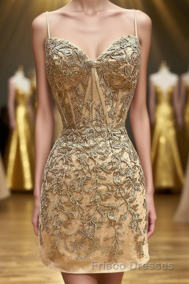 Champagne Spaghetti Straps Tight Short Homecoming Dress with Appliques Main image