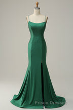 Mermaid Spaghettti Straps Dark Green Sequins Long Formal Prom Dress with Split Front