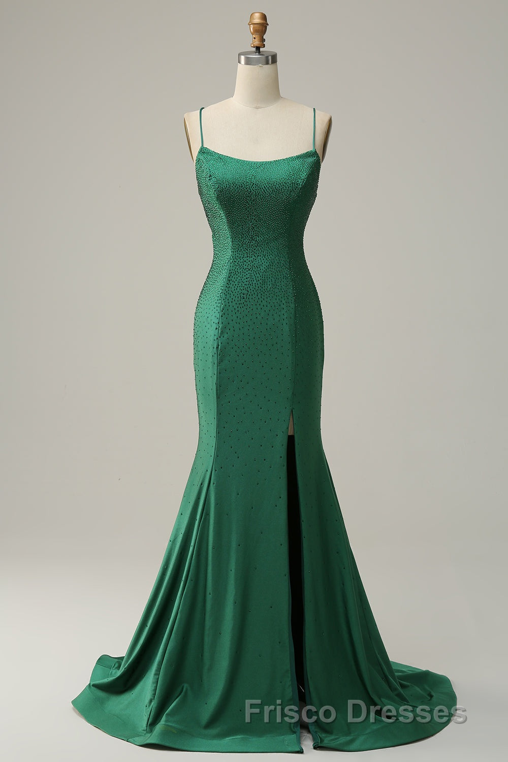 Mermaid Spaghettti Straps Dark Green Sequins Long Formal Prom Dress with Split Front