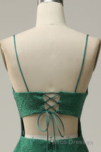 Mermaid Spaghettti Straps Dark Green Sequins Long Formal Prom Dress with Split Front
