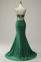 Mermaid Spaghettti Straps Dark Green Sequins Long Formal Prom Dress with Split Front