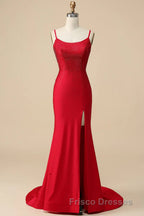 Mermaid Spaghettti Straps Dark Green Sequins Long Formal Prom Dress with Split Front