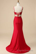 Mermaid Spaghettti Straps Dark Green Sequins Long Formal Prom Dress with Split Front