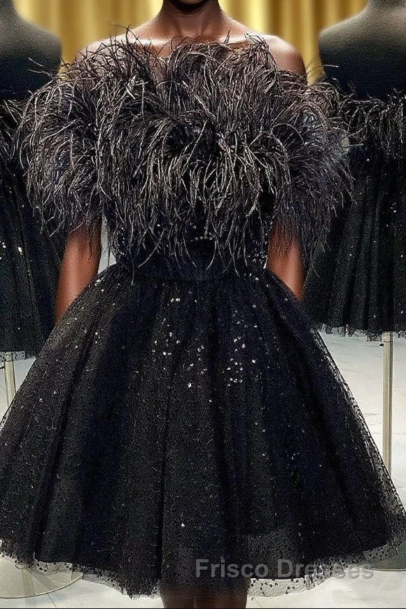 Black A-Line Strapless Homecoming Dress with Feathers Main image