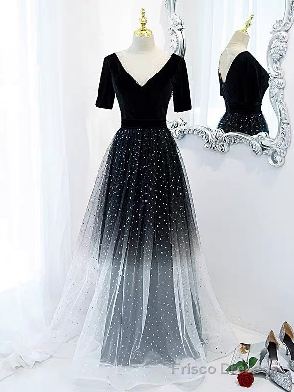 Half Sleeves Gradient Black Prom Dress Main image