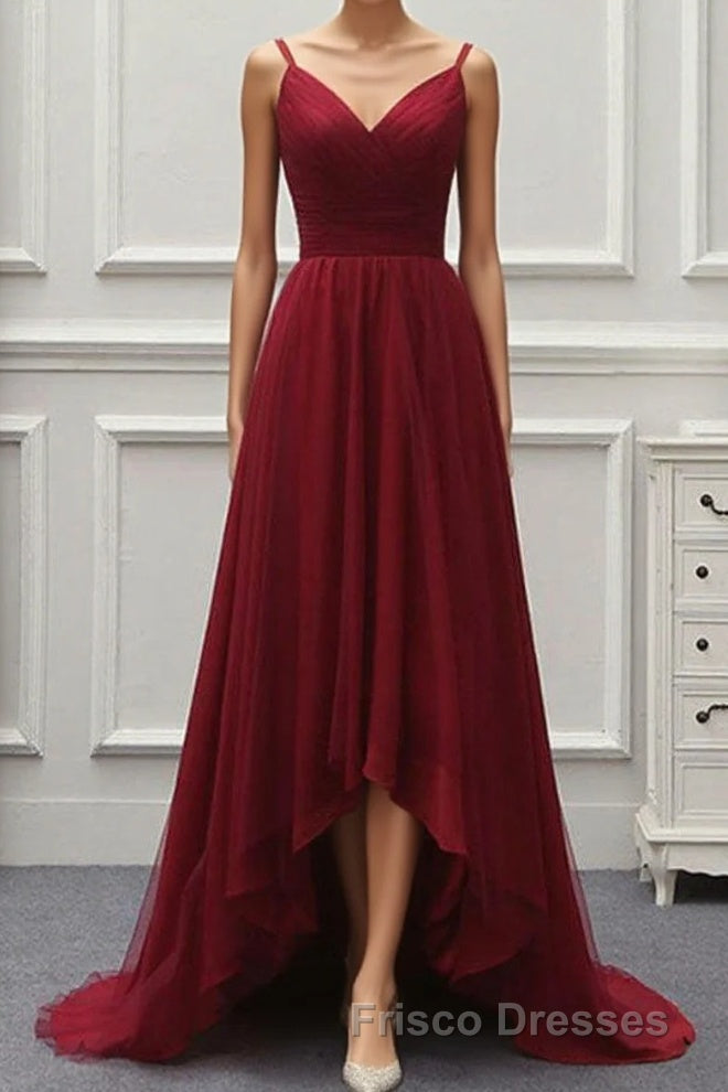 A Line High Low Tulle Formal Prom Dress with Train, Burgundy V Neck Backless Formal Prom Dress Main image