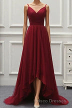 A Line High Low Tulle Formal Prom Dress with Train, Burgundy V Neck Backless Formal Prom Dress