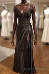 Black V-Neckline Straps Tulle With Lace Party Dress, A-Line Black Evening Dress Formal Prom Dress