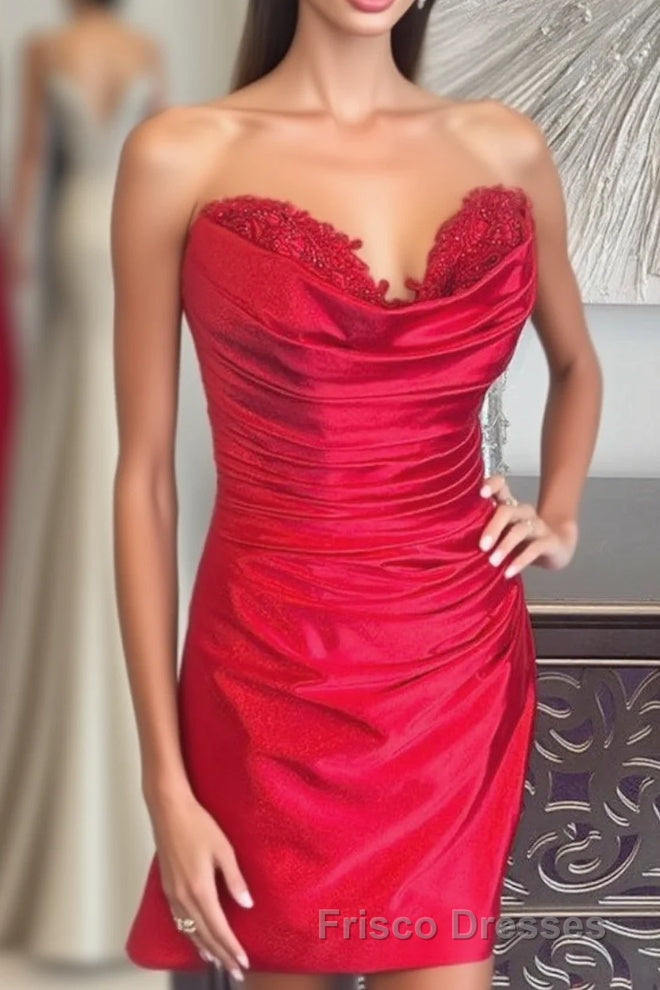 Hunter Green Strapless Beaded Pleated Sheath Homecoming Dress Main image