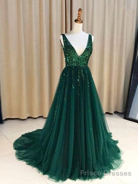 Hunter Green V-neck Long Formal Tulle Low Back Prom Dress Main image