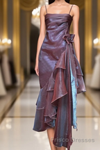 Spaghetti Straps Purple Mermaid Vintage Ruffled Formal Prom Dresses