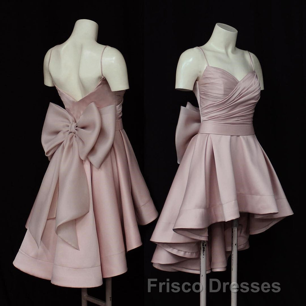 High Low Style Sweetheart Bow Back Satin homecoming Dress