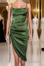 New Satin Green Formal Prom Dresses Spaghetti Strap Party Evening Dresses
