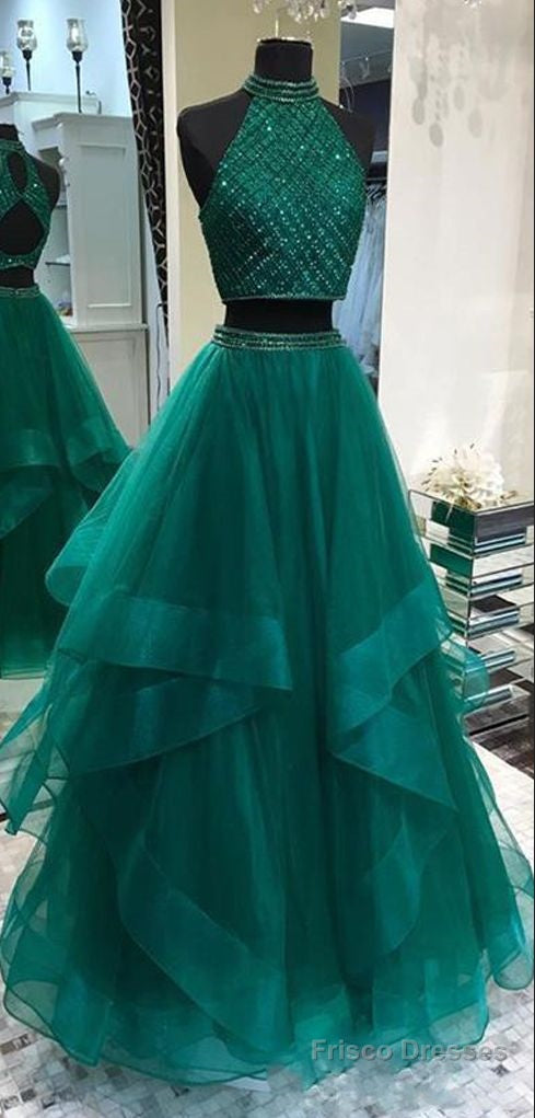 Two Piece Long Hunter Green Prom Dress with Delicate Beading Top Secondary image